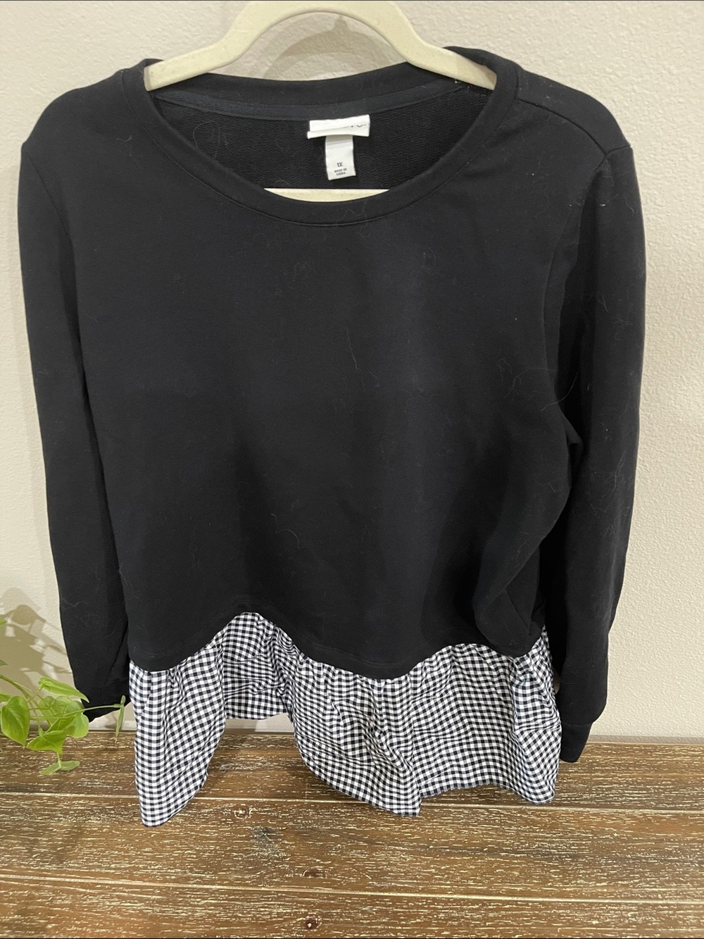 Black White Gingham Two-Fer Top 1X